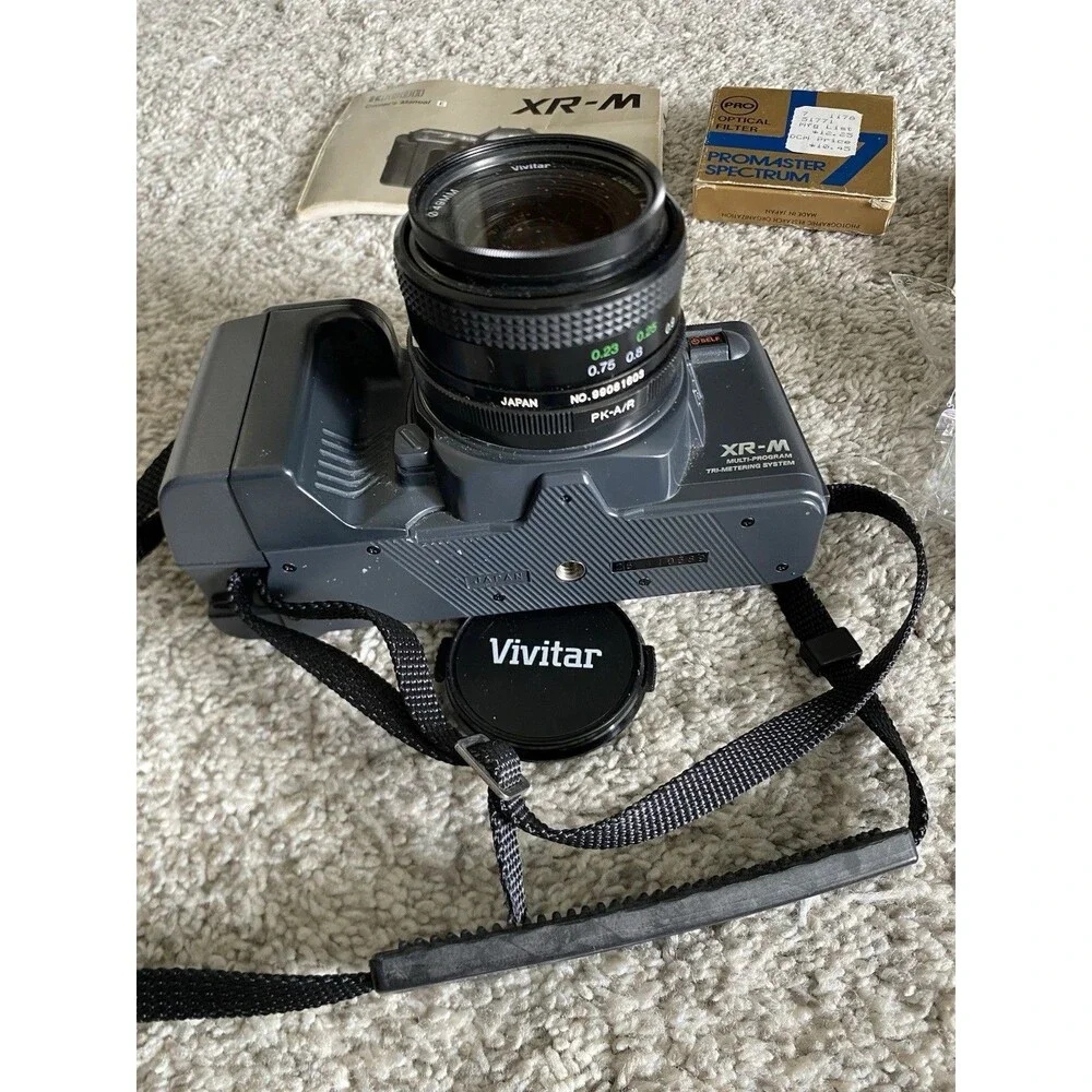 Vtg Ricoh XR-M Camera Bundle W strap & Rikenon + Vivitar Lenses + Filters Manual